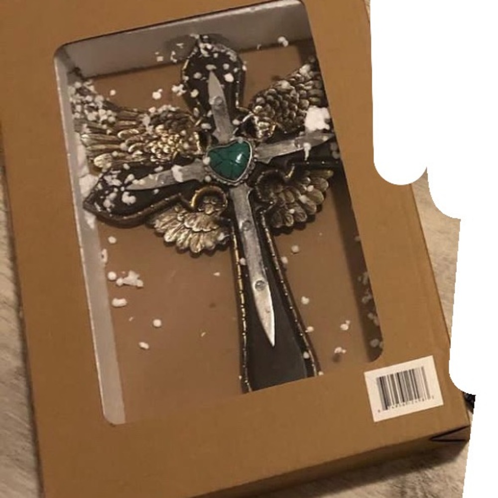 silver turquoise cross with wings for room wall decor grunge revival 2000s